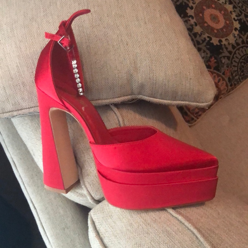 Red Platform Heels stacked in the front with Diamond strap around a 6 inch heel